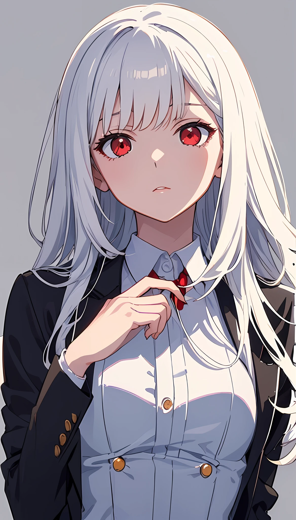 Anime girl with white hair and red eyes wearing a black jacket - SeaArt AI