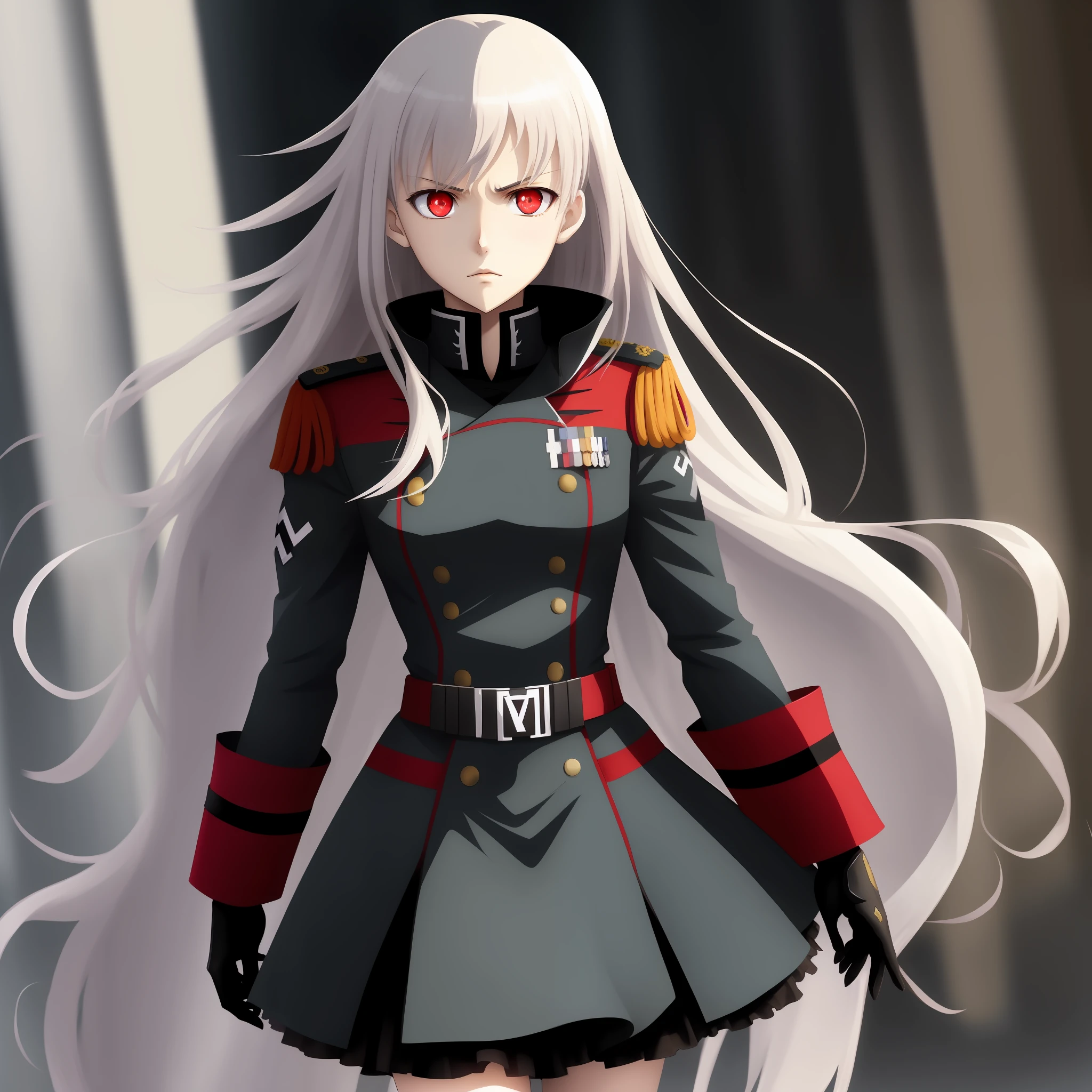 Anime girl with long white hair and red eyes in uniform - SeaArt AI