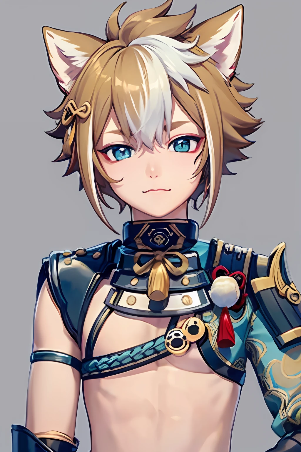 masterpiece, best quality,gorou (genshin impact),little boy, 1boy, male focus, animal ears, solo, multicolored hair, brown hair, dog boy, white hair, tassel, dog ears, armor, streaked hair, bangs,  (grey background:1.4),(kbxll:0.6)