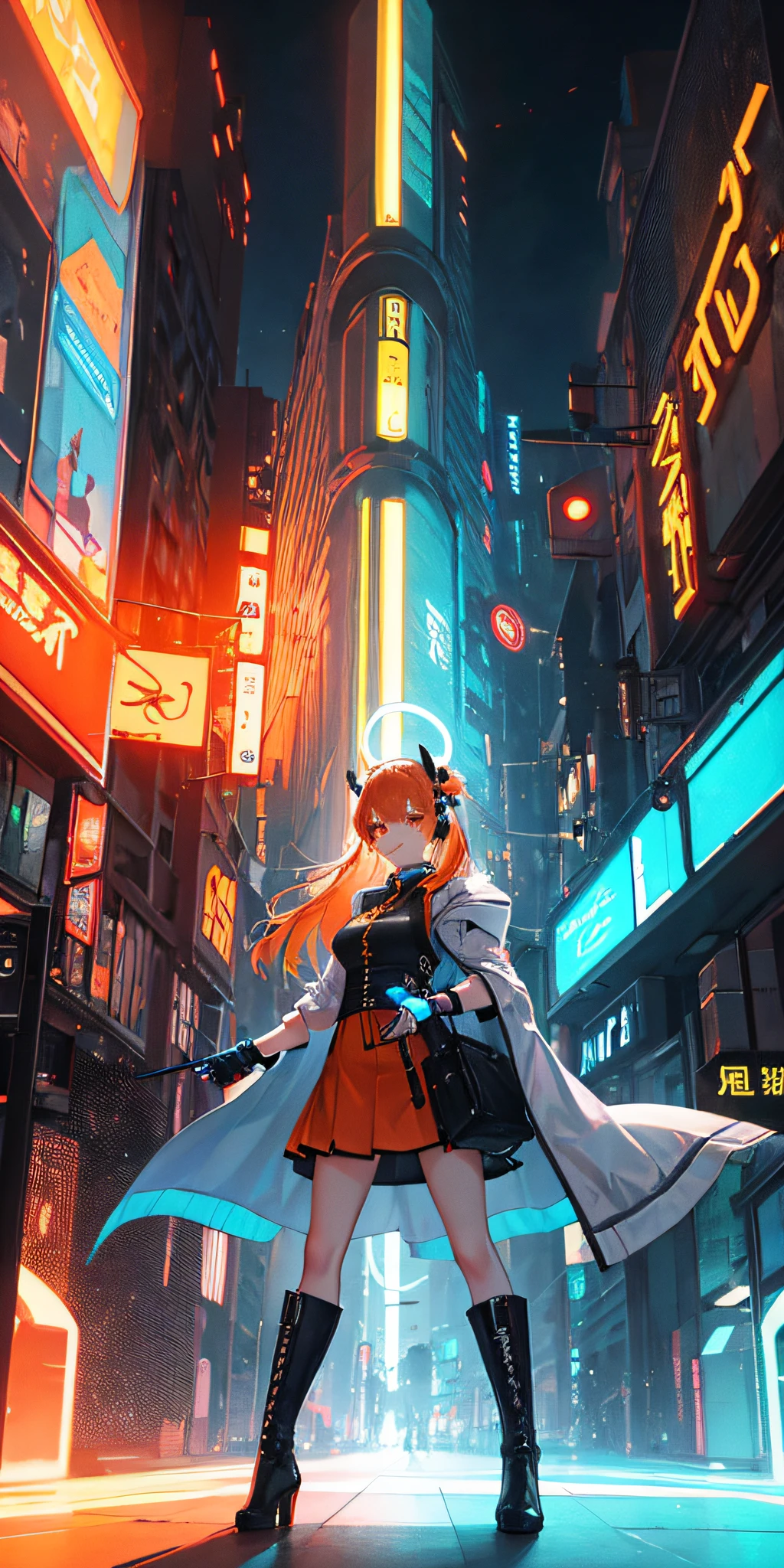 1 Mädchen, Chinesisch_Kleidung, Metallicschwarz-Titan und Orange, cyberhan, Cheongsam, cyberpunk city, dynamische pose, detaillierte leuchtende Kopfhörer, leuchtende Haar-Accessoires, lange Haare, leuchtende Ohrringe, leuchtende Halskette, cyberpunk, Hightech-Stadt, voller mechanischer und futuristischer Elemente, Futurismus, Technologie, leuchtendes Neon, orange, oranges Licht, fluoreszierendes Orange, Rock, Kap, Mantel, laser, digitaler Hintergrund, Urbaner Himmel, großer Mond, mit Fahrzeug, beste Qualität, Meisterwerk, 8K, Zeichenrandlicht, sehr hohe Detailgenauigkeit, gute Qualität, die schönste Frau unter den Menschen, leichtes Lächeln, Gesicht nach vorne gerichtet links und rechts Symmetrie, Ohrschmuck, schöne Schüler, Lichteffekte, visuelle Daten, pflücken und orange färben, Haare färben, super detaillierte Gesichtstextur, glücklich und stolz, Waffensystem, Mecha-Stil, überfüllte Straße Passanten, Ganzkörper in der Kamera, stufenloser Zoom, Super Licht und Schatten, verschiedene Posen, lange Haare flowing, leuchtende Stiefel