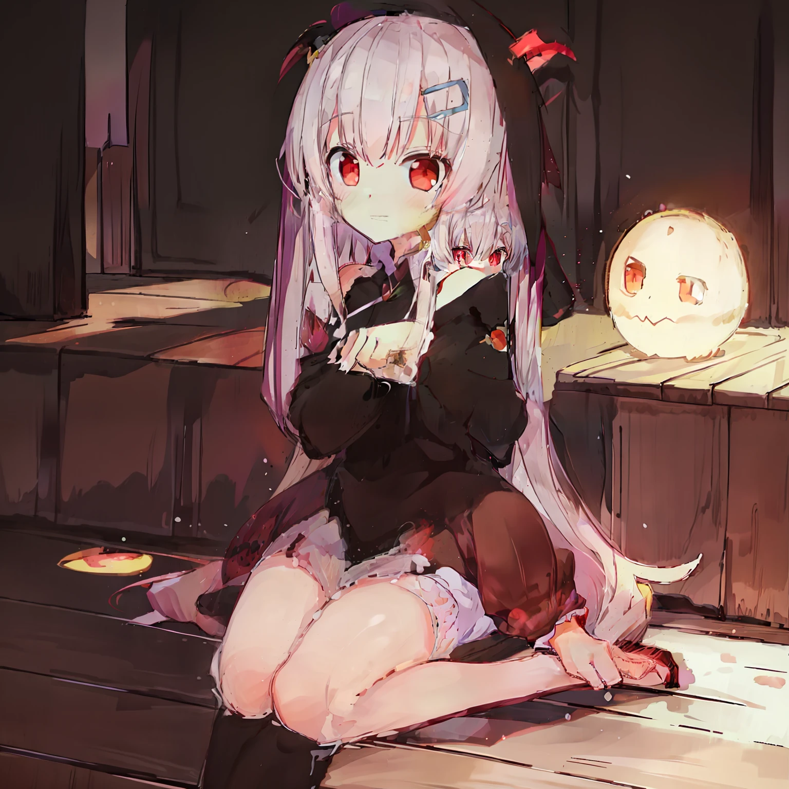 Anime girl sitting on wooden deck，The background is a ball, small curvaceous loli, demon anime girl, mika kurai demon, anime visual of a cute girl, the anime girl is crouching, Splash art anime Loli, with red glowing eyes, anime moe art style, loli in dress, beautiful anime girl crouching, Cute anime girl