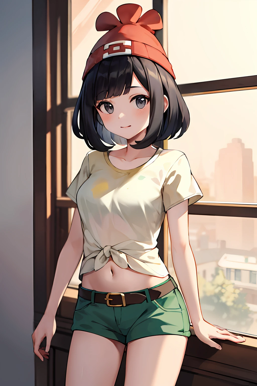 Masterpiece, Best quality, A high resolution, selene1, 1girll, selene1, 1girll, Selene \(Pokemon\), Solo, With gray eyes, Black hair, green shorts, red headgear, Beanie, shirt, tiedshirt, Estampados florales, Short hair, Short sleeves, Short shorts, navel, streaked, Yellow shirt, belt,  Indoors, sofe, in the side,see through clothes