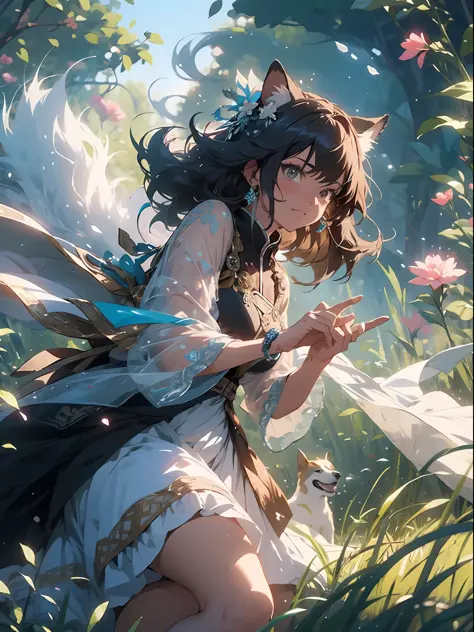 makoto shinkai, dog tail grass, blown grass, soaked clothes, white tulle dress, transparent dress, pick dye, magic, imperial sis...