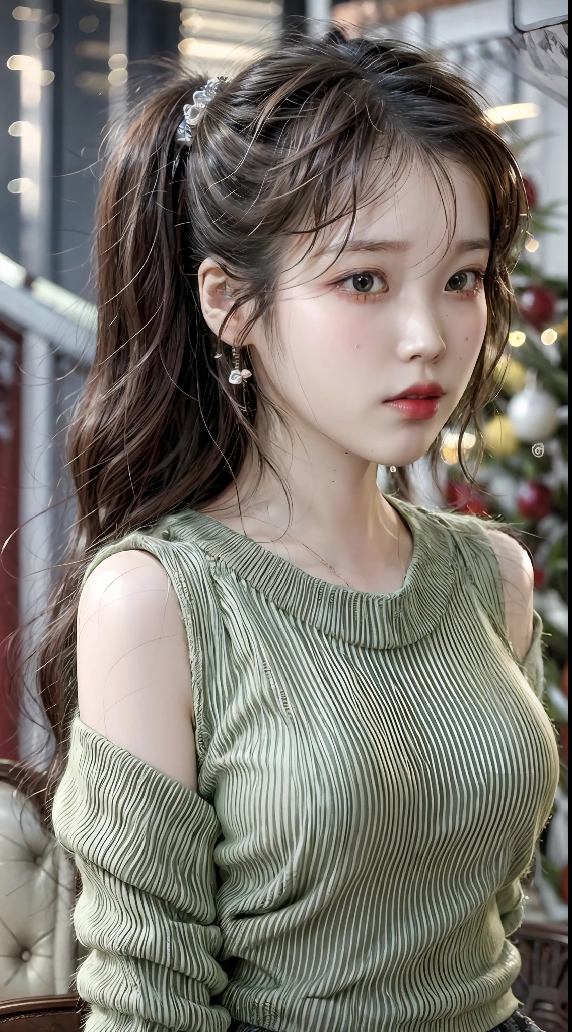 IU， Kizi， 独奏， little breast， （brunette color hair），pony tails，T-shirt short skirt  （looking at the camera in）， tmasterpiece， best qualtiy， （photograph realistic：1.2）