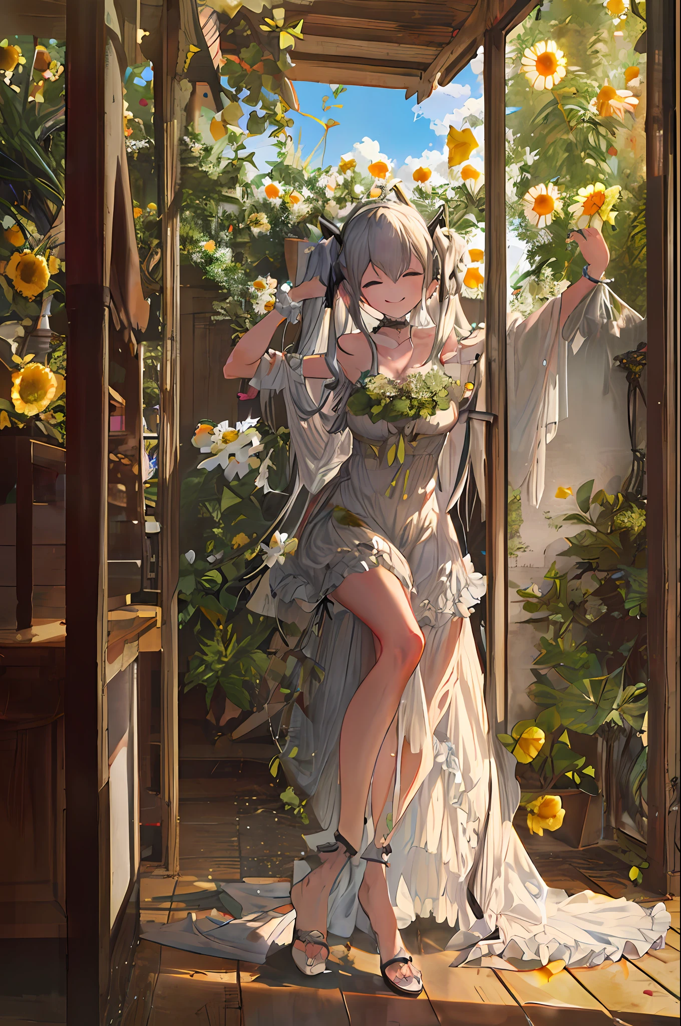 Masterpiece grade CG，The best image quality and detail，Photo-level realism in a white dress，Shoulders slightly exposed，The skin is delicate and radiant，With a smile，In the garden，Surrounded by yellow daisies，Slightly look up at the bright sky，The picture is painted in an artistic thick paint style，Softer luminosity，4 k hd wallpaper，Better volumetric cloud effect，Big breasts Hatsune Miku