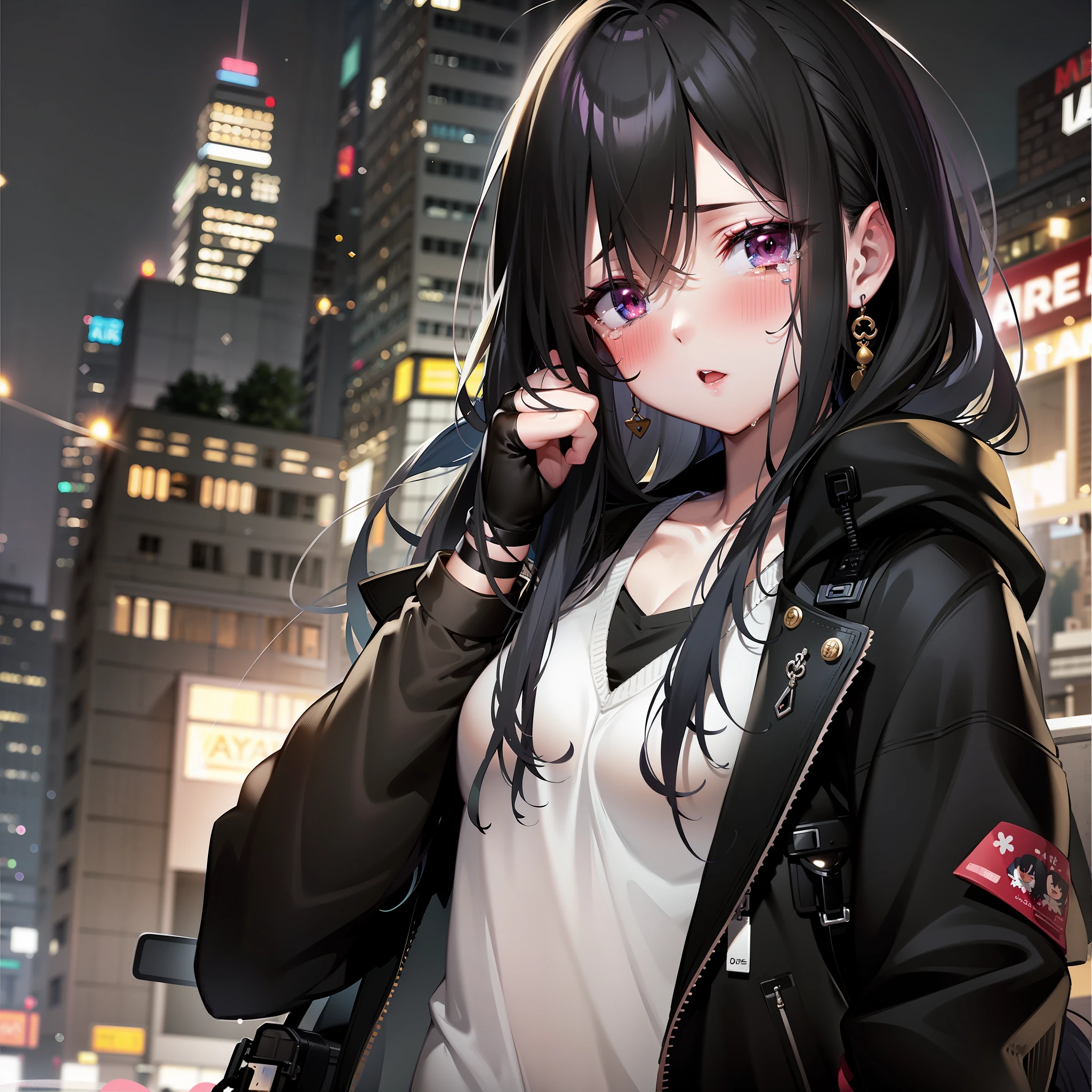 Anime girl with black hair and purple eyes talking on a cell phone - SeaArt  AI