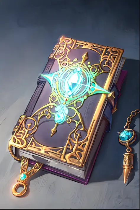 1 Mind bending ancient magical tome, detailed, intricate, magical energy, flat, studded with glowing blue topaz with magical energy, magic spell book, single object
