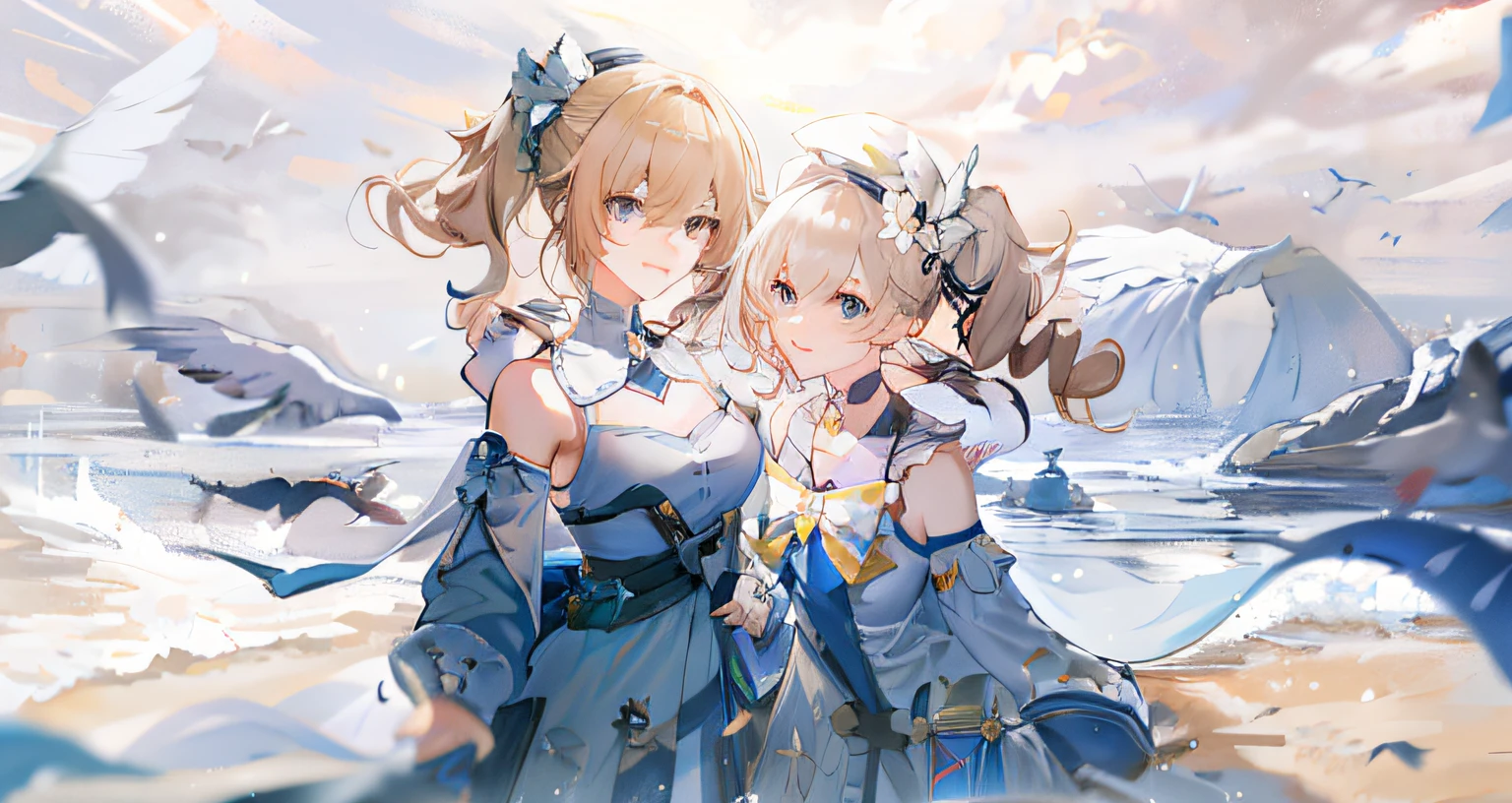 Anime image of two women in blue dresses standing in front of a flock of birds, A scene from the《azur lane》videogame, 《azur lane》role, from girls frontline, azur lane style, WLOP and Sakimichan, two beautiful anime girls, trending on artstation pixiv, fate grand order, Sirius A and Sirius B, From Arknights