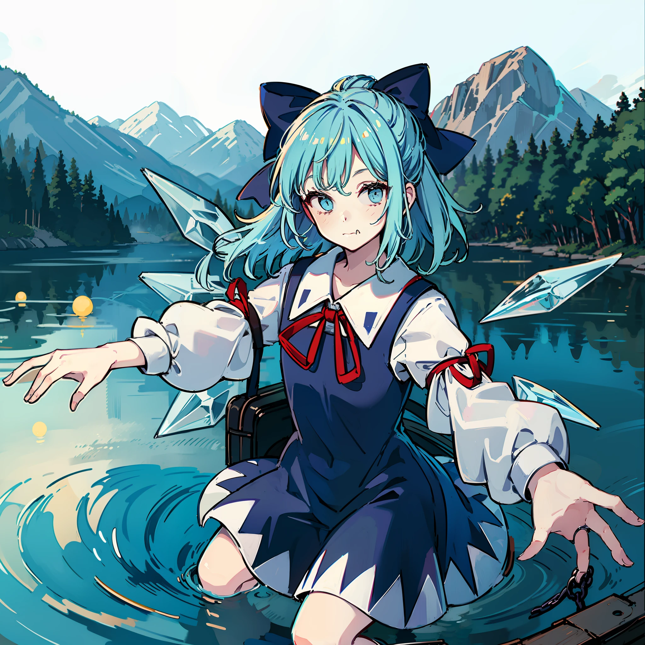 masutepiece, Fine detail, 4K, 8K, 12K, Solo, 1 person, Beautiful Girl, caucasian female, Cirno、Light blue hair、Blue ribbon、Short bite、Blue dress、white long sleeves、Spreading sleeves、lake、foggy