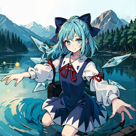 masutepiece, fine detail, 4k, 8k, 12k, solo, 1 person, beautiful girl, caucasian female, cirno、light blue hair、blue ribbon、short...