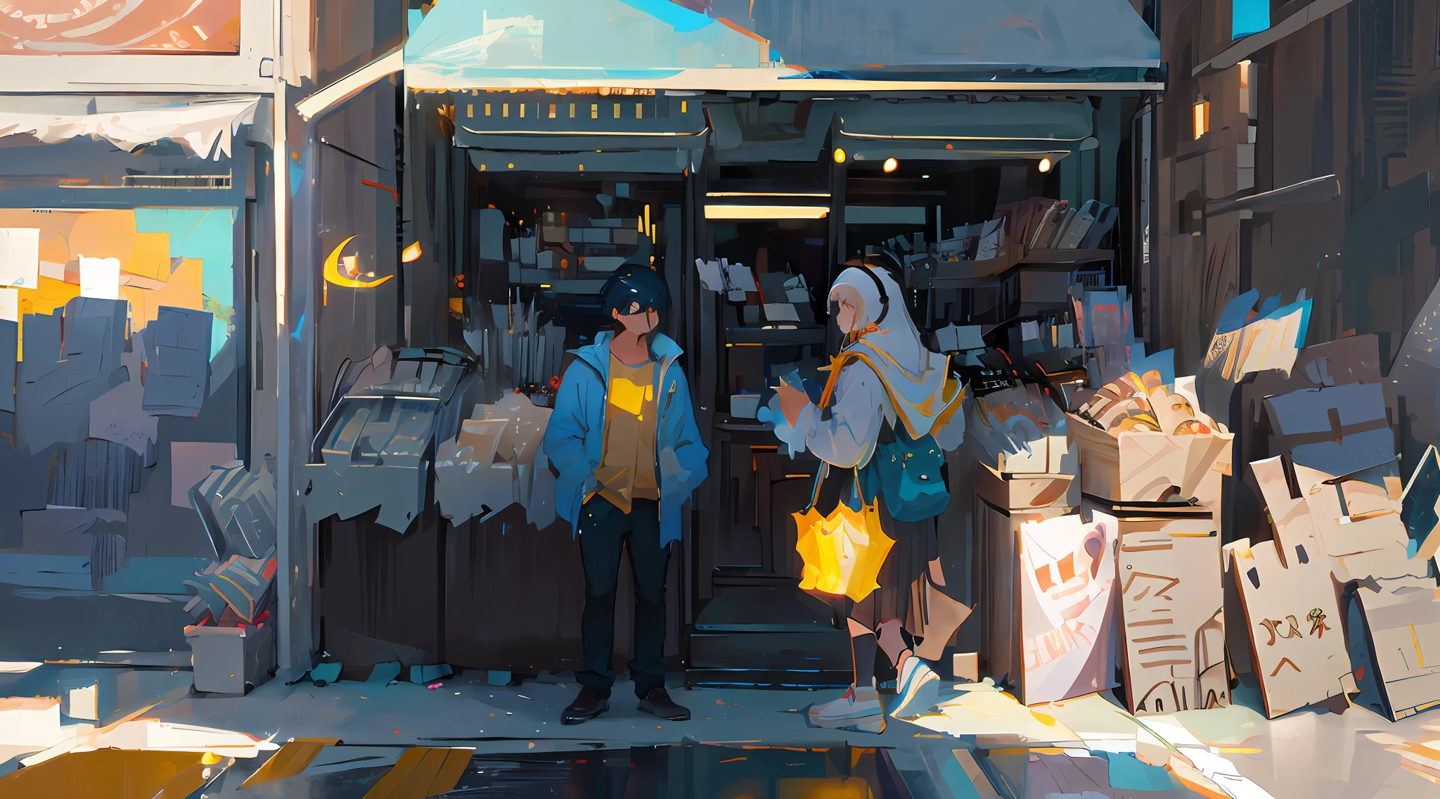 （Realistis：1.4）the street，cyber punk perssonage，8K，top down shot，wide wide shot，Two people stood outside the store with bags, krenz cushart and wenjun lin, atey ghailan 8 k, in style of atey ghailan, tokyo anime anime scene, inspired by Liam Wong, by Atey Ghailan, Inspired by Atey ghailan, drawn in anime painter studio