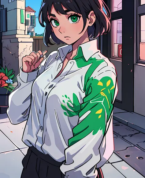 anime, short black hair with a white part standing out, reptilian green eyes, wearing a black blouse and a white shirt underneat...