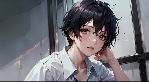 anime, male gender, short black hair with white strands on the fringe highlighting, reptilian green eyes, wearing a black blouse...