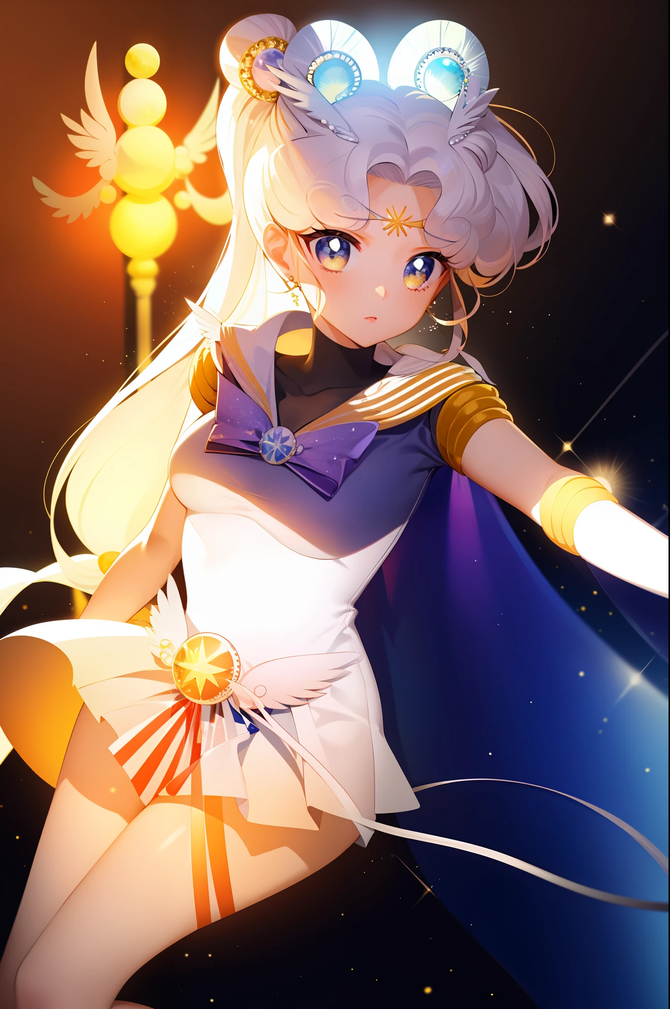 um close de uma mulher fantasiada posando para uma foto, Cosplay de garota de anime, estilo marinheiro lua, Anime cosplay, Sailor Moon!!!!!!!!, por Sailor Moon, inspired por Sailor Moon, Sailor Moon. lindo, o marinheiro galáxia. lindo, foto de cosplay, cosplay publicitário, cosplay, Ayaka cosplay, halo laranja em volta da cabeça, Inspirado por Yang J
