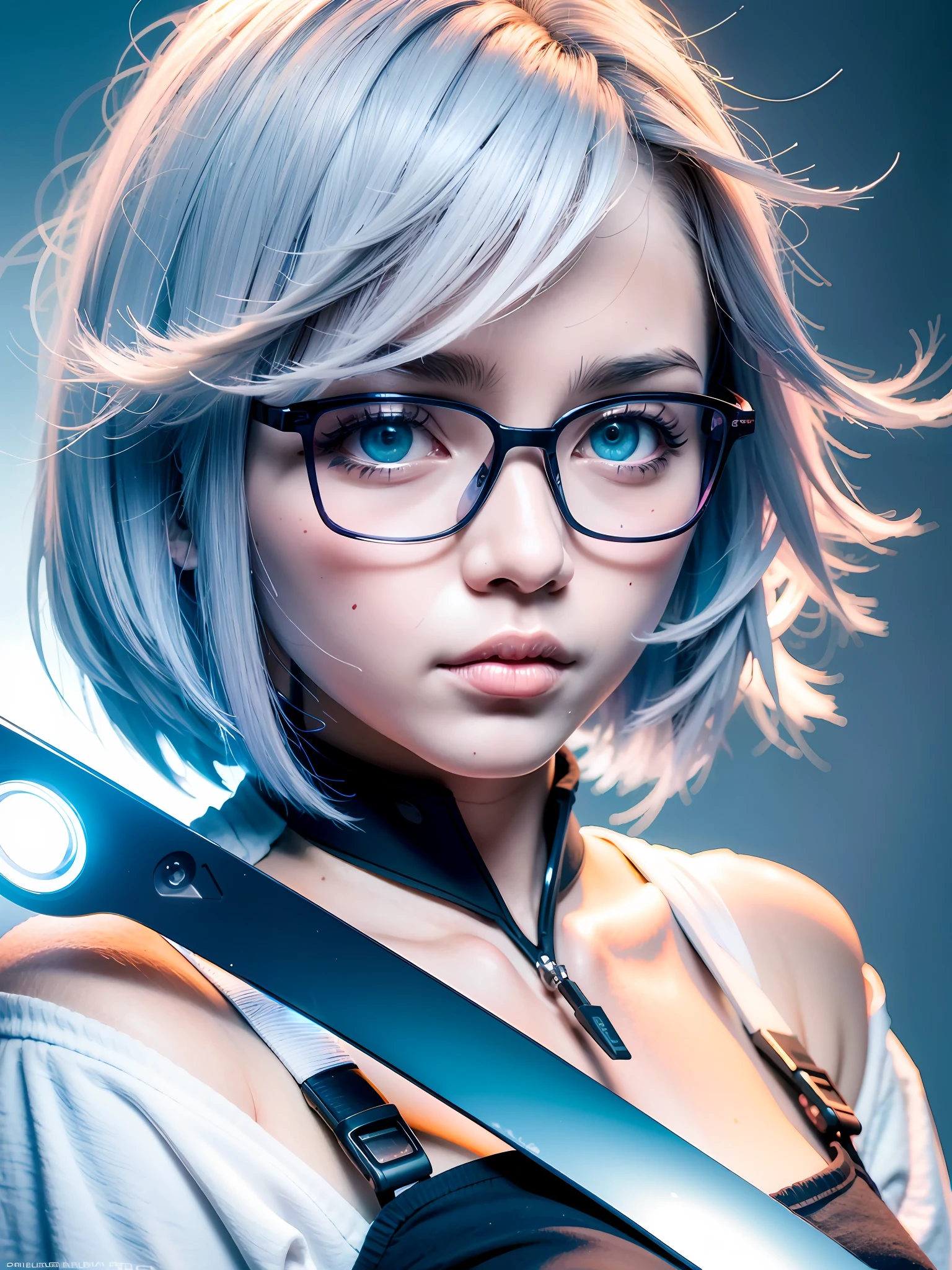 (masterpiece), high quality，Full of technical sense，HD CG 8k wallpaper，19-year-old girl，Light purple medium long hair，Light blue pupils，Wear a white shirt with black cargo pants，Wearing high-tech display glasses，In the process of slowly reloading sniper rifle bullets，Reveal calm eyes。a sense of atmosphere，reason，Capture，(light violet hair+Light blue pupils+high tech glasses:1.3)，k hd，A masterpiece