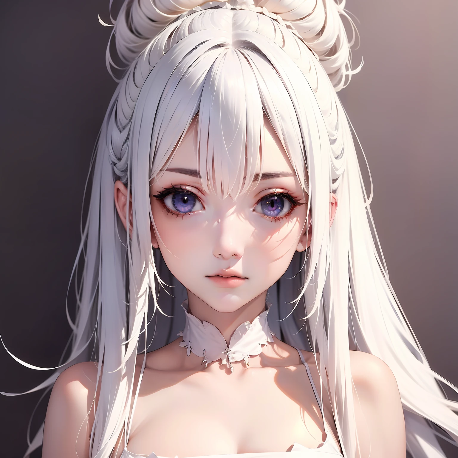 （figure： Ninomae Ina&#39;Nis）， {white color hair}， tentacle hair， a purple eye， （tmasterpiece：1.2）， 1girll， solo， Best quality at best， shiny skins， Ultra-detailed ultra-high resolution， adolable， looking at viewert， extremelydetailedwallpaper， closeup portrait，
