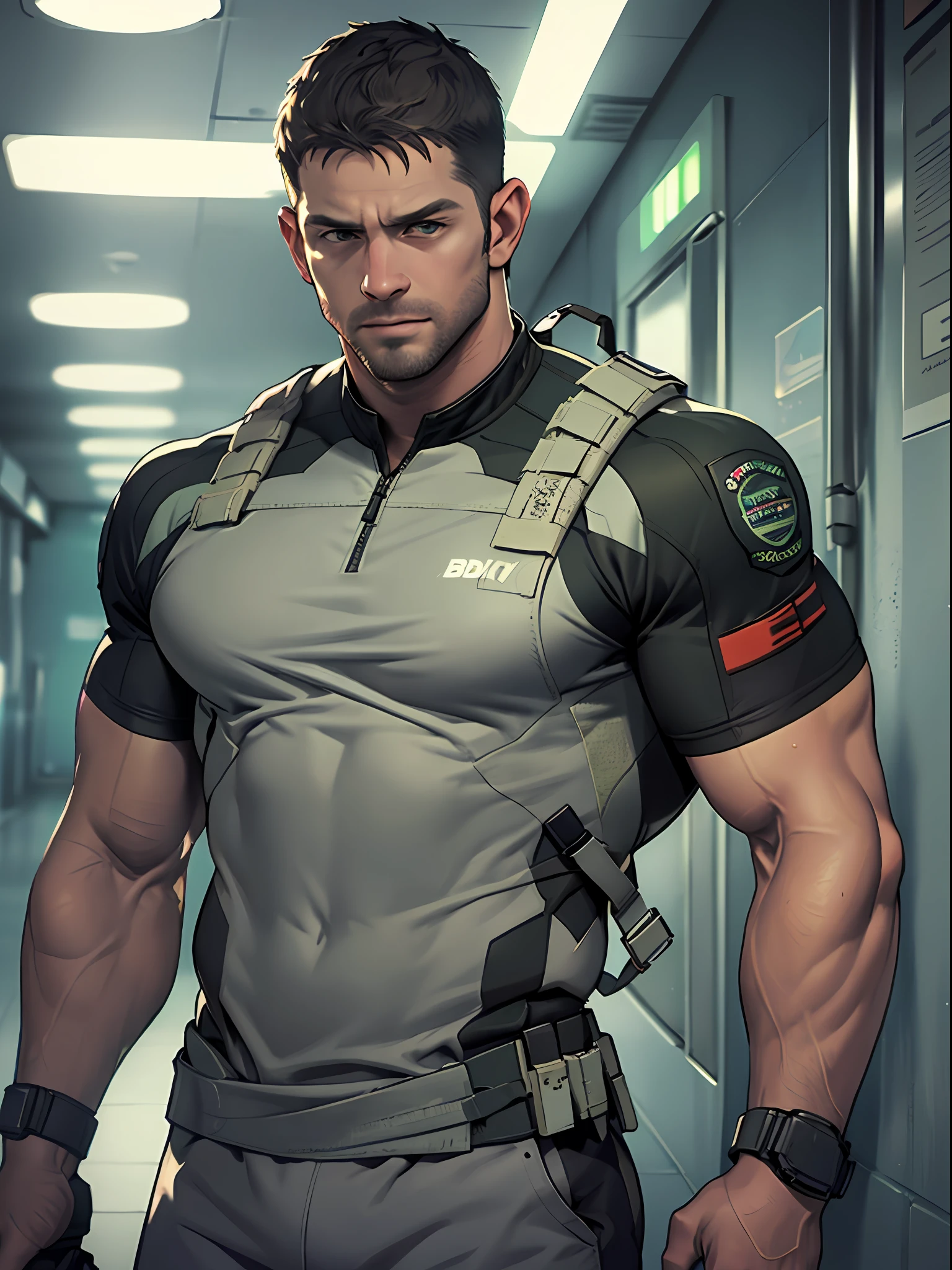 1 man, solo, 35 year old, Chris Redfield, wearing grey T shirt, smirks, green color on the shoulder and a bsaa logo on the shoulder, millitary tactical suit, tall and hunk, biceps, abs, chest, best quality, masterpiece, high resolution:1.2, upper body shot, dark black gloomy hallway in the background, detailed face, shadow, volumetric lighting, upper body shot, low camera angle