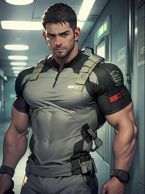 1 man, solo, 35 year old, Chris Redfield, wearing grey T shirt, smirks, green color on the shoulder and a bsaa logo on the shoul...