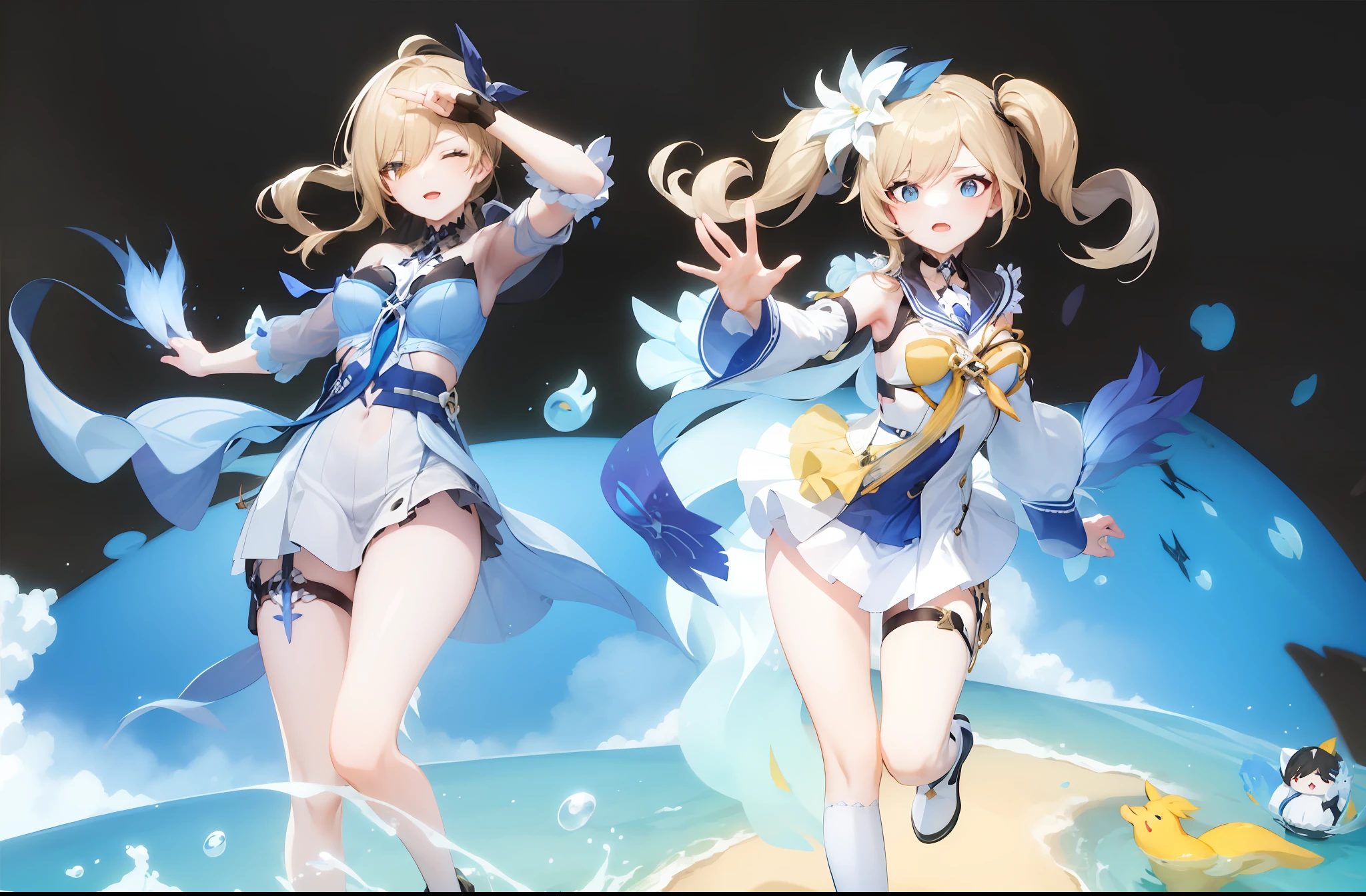 Anime characters in blue and white dress on black background, Splash art anime Loli, 《azur lane》role, A scene from the《azur lane》videogame, azur lane style, wallpaper anime blue water, Kantai collection style, WLOP and Sakimichan, Azure Ocean, from girls frontline, macross delta splash art, Official artwork, girls frontline style