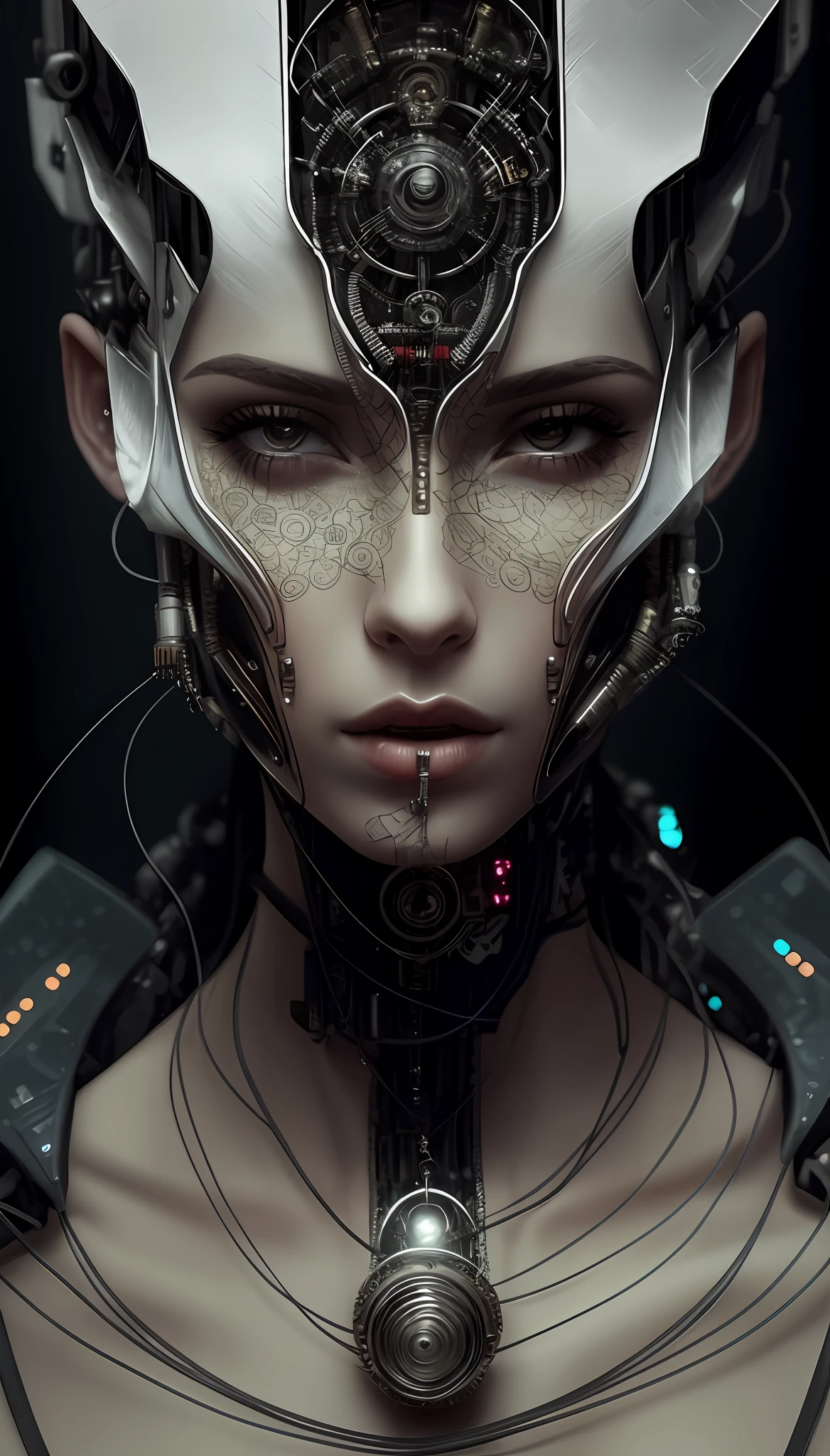 A closeup of a woman with a futuristic hat and a necklace, (cyberpunk) elven robot queen, Retrato de uma rainha ciborgue, ciborgue - menina, cybernetic machine female face cyberpunk, Retrato detalhado de um ciborgue, menina ciborgue, mulher ciborgue, menina bonita ciborgue, Retrato de um androide feminino cyberpunk, cara bonita da menina cyberpunk, Retrato de um ciborgue, detalhes intrincados em neon 8k