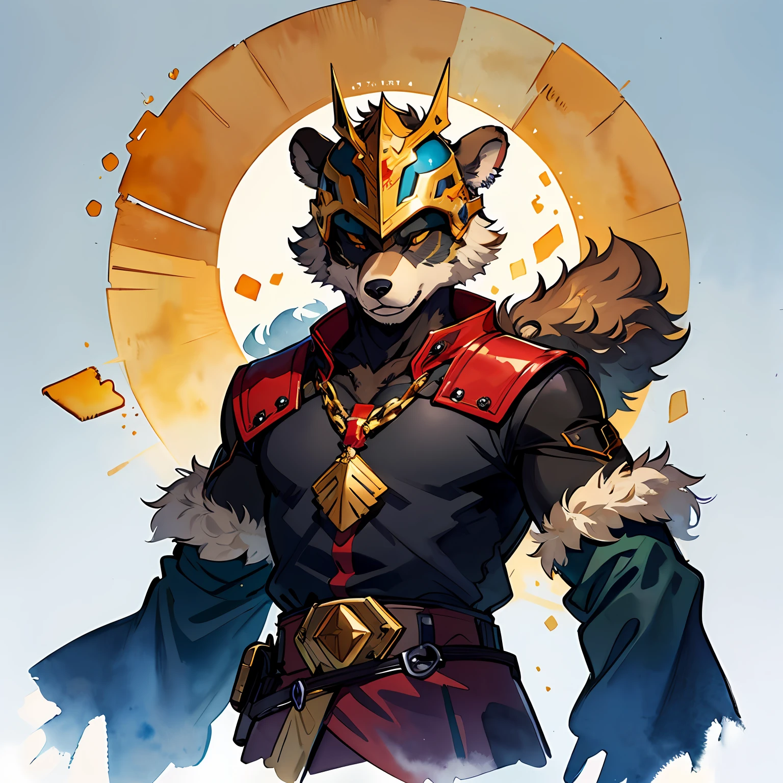 Akaviri Potentate Bear Cub, dark brown fur, golden gladiator-like helm with a red crest, tan fur coller, golden disk pendint, masterpiece, best quality, (in watercolor painting style)