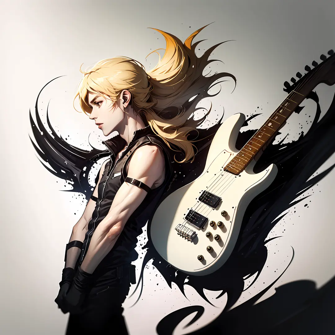 1 boy, shoulder length blond hair, white skin, electric guitar