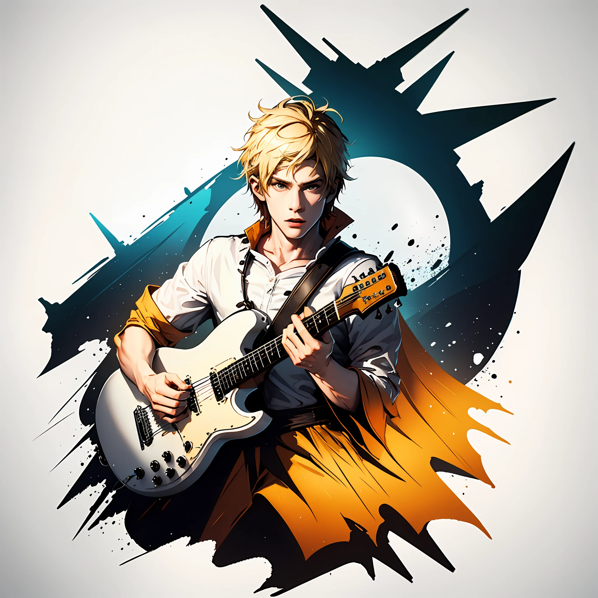 1 boy, shoulder length blond hair, white skin, electric guitar