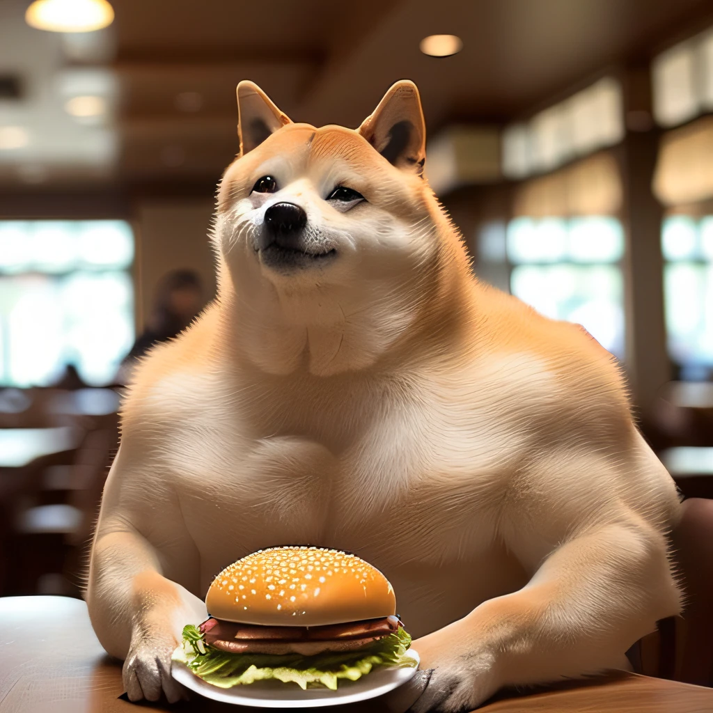 a professional photo of [(((buff Swoledoge))):buff Swoledoge:8], grinning, dog body, eating a large burger in a restaurant, cinematic dramatic light, smooth transition, bokeh