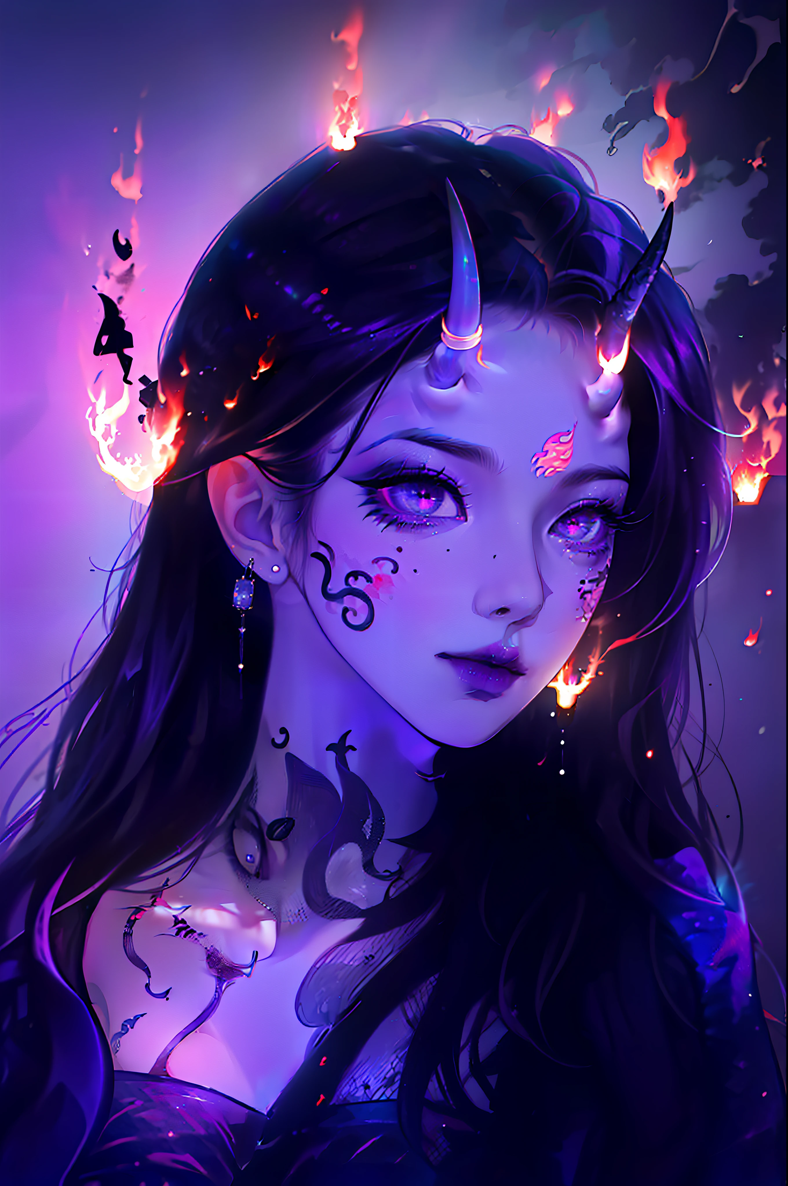 Masterpiece, best quality, high quality, (full body shot:1.3), solo anime portrait, female, 1girl, (bold daring black goth outfit with a black skirt and fishnets:1.4), (black glowing purple highlights:1.5), (purple smoke and flames around her:1.6), (oni horns:1.6), she is stunning and super beautiful, goddess like appearance, `(gradient_glowing_purple_siren_eyes:1.5), (beautiful flower tattoo:1.4), rings, demonic, divine, hellish, darkness, effeminate, JRPG art, trending on caravaggio, intrinsicated and detailed smug smirk, looking at camera, face focus, highly-detailed, top lightning, trending on pixiv, HD digital, 32k,
