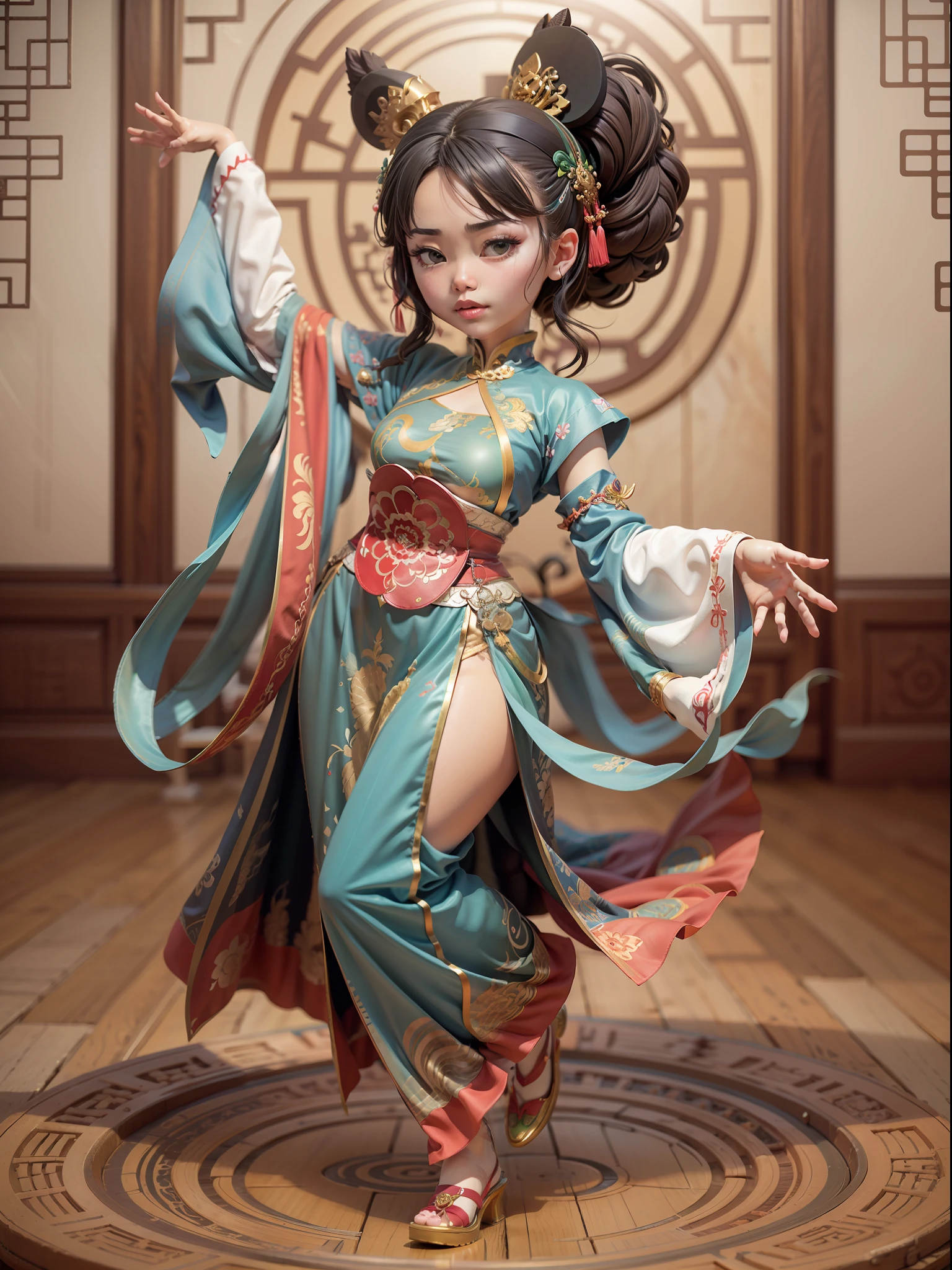 Belle fille enfantine，Stupide et mignon，danse，（gros yeux），petite bouche，en train de me regarder，（Vêtements de style chinois，Représentation minutieuse），Danseur de palme Zhao Feiyan，Les figures，boîte aveugle，（style disney），haute qualité，haut niveau de détail，（superfin），Résolution 16K，（objectif macro），（（Oeuvres de maîtres）），（（tout le corps comme）），（Traçage de rayons），bleu, Le blanc et le vert prédominent