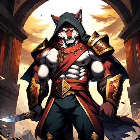 （at dusk at golden hour，one has a crimson fur、muscular red werewolf standing on the battlefield），a melancholy expression appeare...