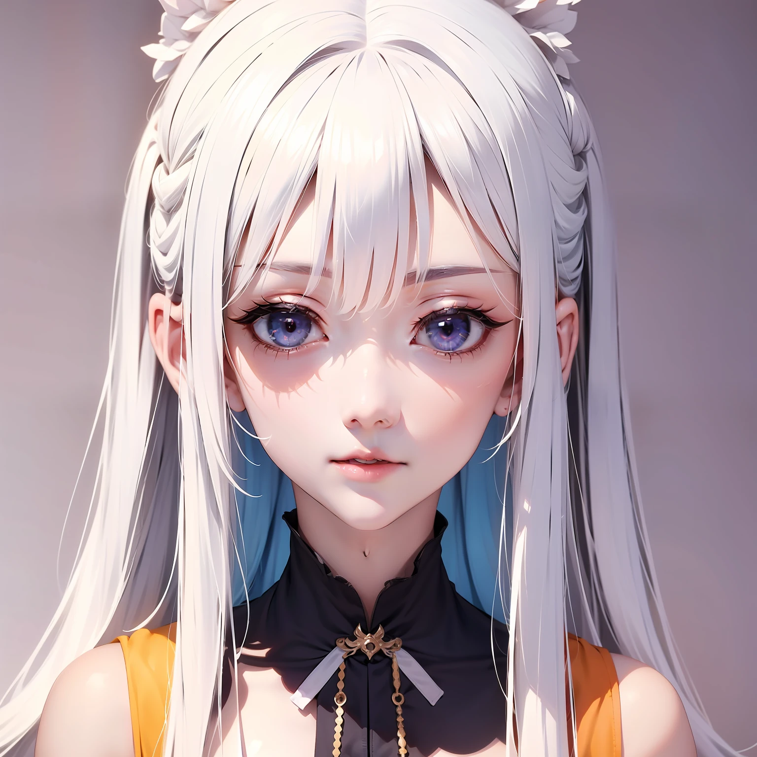 （figure： Ninomae Ina&#39;Nis）， {White color hair}， Tentacle hair， a purple eye， （tmasterpiece：1.2）， 1girll， solo， Best quality at best， shiny skins， Ultra-fine and ultra-high resolution， adolable， looking at viewert， extremelydetailedwallpaper， closeup portrait，Cute pose，The upper part of the body，the maid outfit