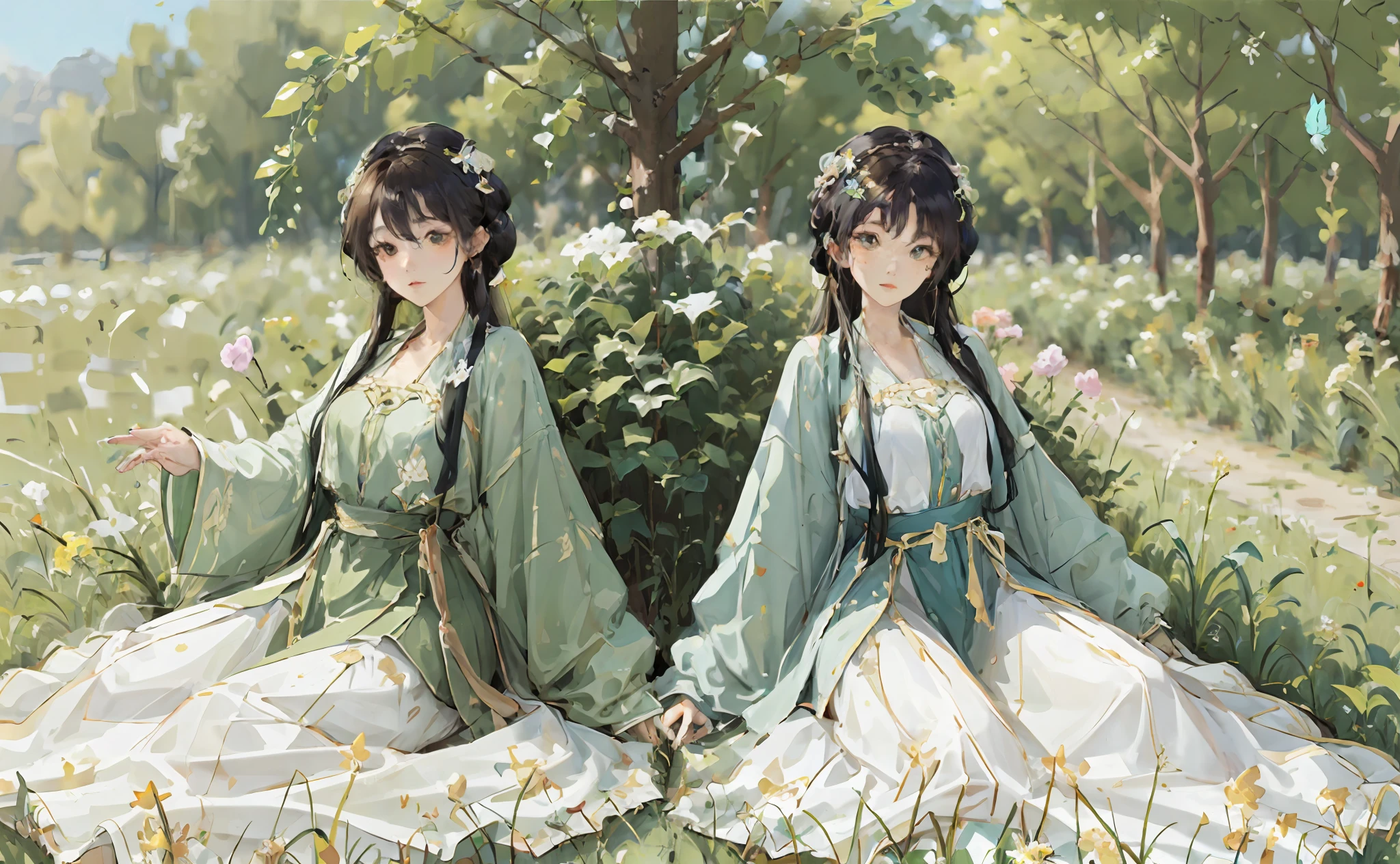 The painting style is realistic，The facial features are exquisite，Facial features are nuanced，Gorgeous costumes，Beautiful face，Clear drawing style，There are butterflies in the distance