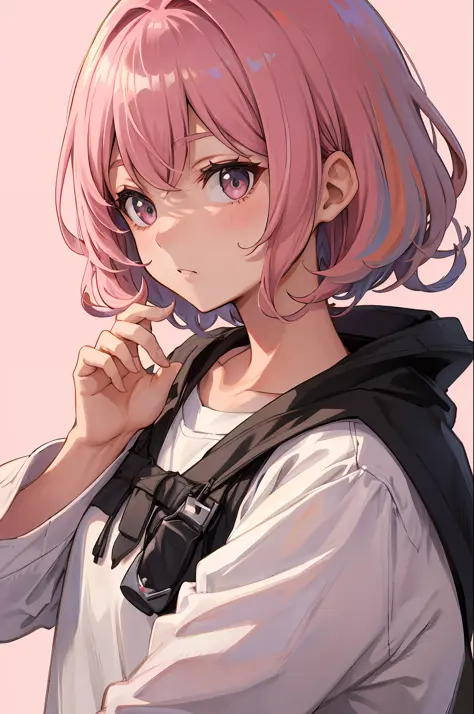 A pink-haired，Curls，short detailed hair
