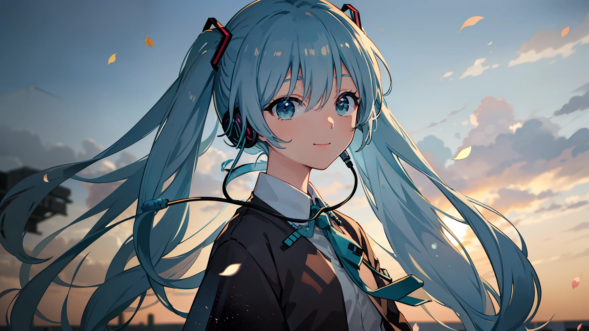 Microreality Hatsune Miku，Clear and real，Headphone header，Blue thin eyeliner，Japanese natural finish，If there is a smile，6K blues，Ambient light dyeing，Girly，Take a stroll outside，The most nostalgic Japanese street scene，Sunshine and wind，The temperature of the leaves，clear blue skies。
