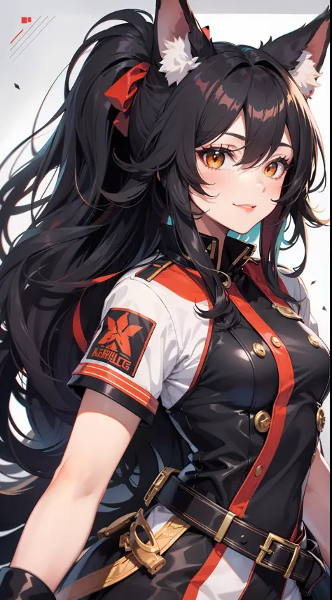 Adult woman, Long black hair, high ponytail, Fox ears, Foxtail, The left eye is yellow, Red right eye, Combat uniform, ssmile, Masterpiece, hiquality