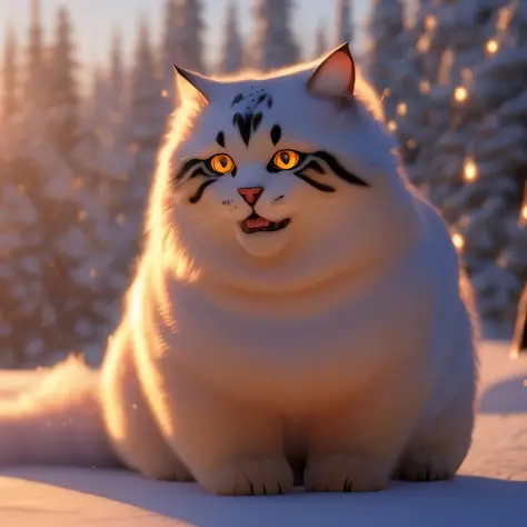 a big chunky cat in the snow, fluffy fur, golden hour, catstravaganza