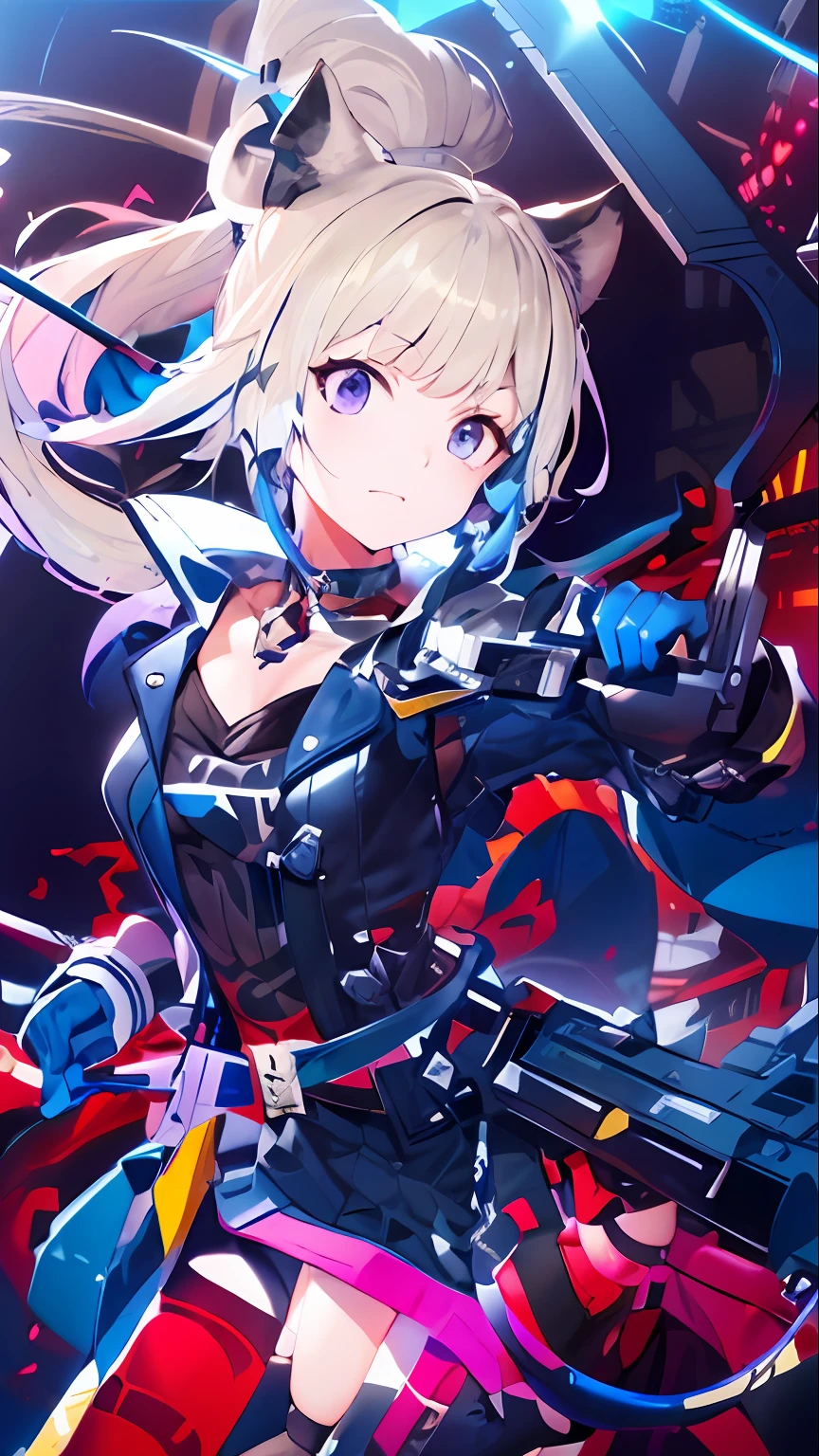 Anime girl holding a gun，Best anime 4K wallpapers，featuring《azur lane》and Kancolle anime style，Mcross Delta Art Splash Effect，high detailed official artwork，Highlight the character of Azure Lane，Showcasing the female figure of Kusart Krenz，tight leather clothes，Cattail and cyberpunk style，Dark nights。