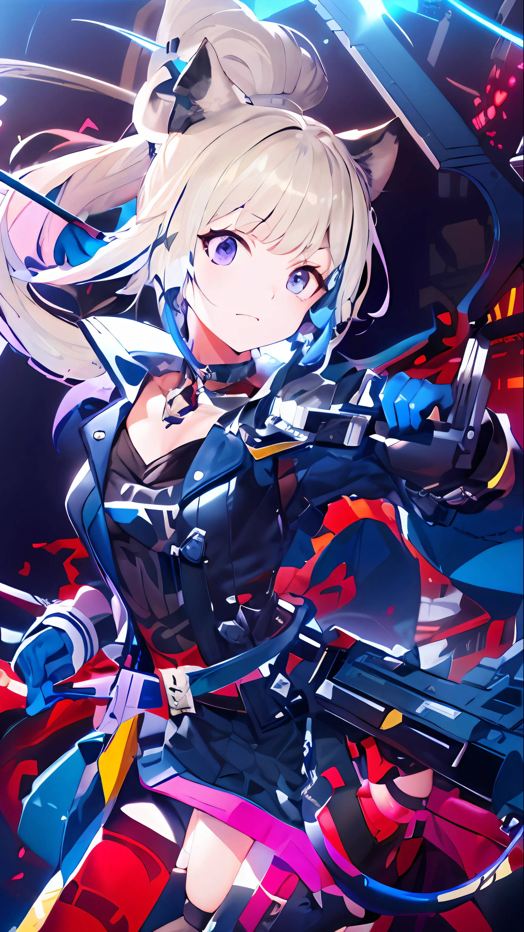 Garota de anime segurando uma arma，Melhores papéis de parede de anime 4K，apresentando《pista azul》e estilo anime Kancolle，Efeito Splash Art Mcross Delta，arte oficial altamente detalhada，Destaque o personagem de Azure Lane，Apresentando a figura feminina de Kusart Krenz，roupas de couro apertadas，Estilo taboa e cyberpunk，Noites escuras。