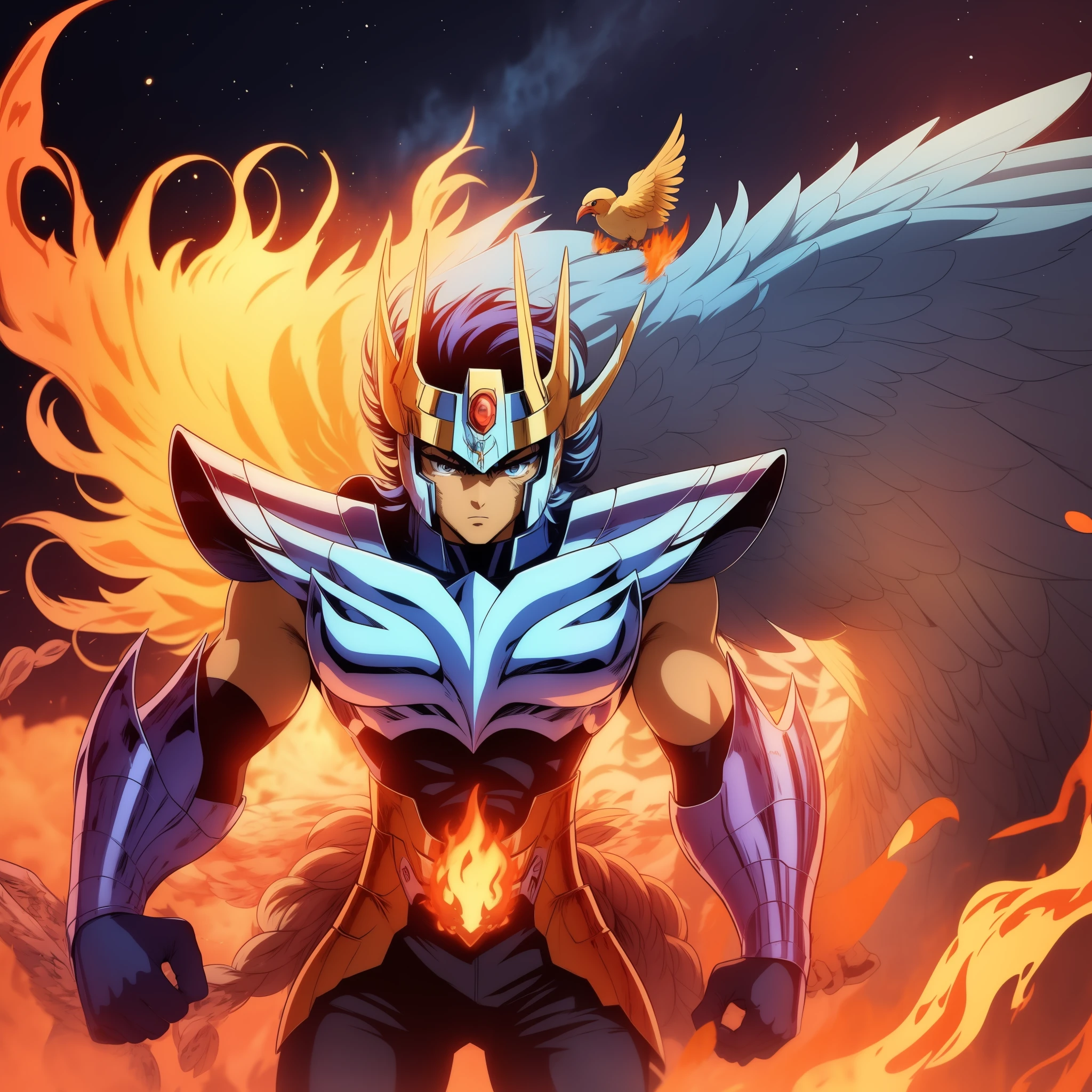 Sword and bird on shoulders、Large drawing of cartoon character with fire background behind, With the bird on your shoulders, 1boy, fire-breathing, burning, embers, explosions, Fiery hair, Fiery wings, fire, Fireworks, loimu, hat, helmets, Male Focus, molten rock, Orange sky, skyporn, Solo, Star \(skyporn\), Starry sky, Sun, Sunset, (cosmos),(cosmos)