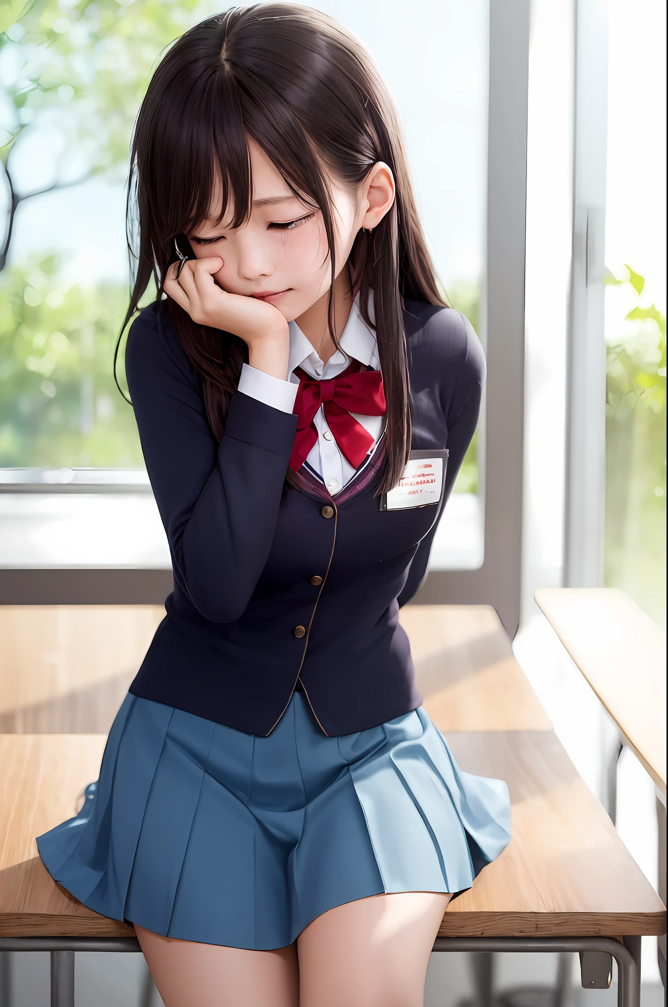 Cute girls in school uniforms were criticized for not writing homework, She cried in the classroom very aggrieved，wiping tears，Her classmates were comforting her，She was still crying