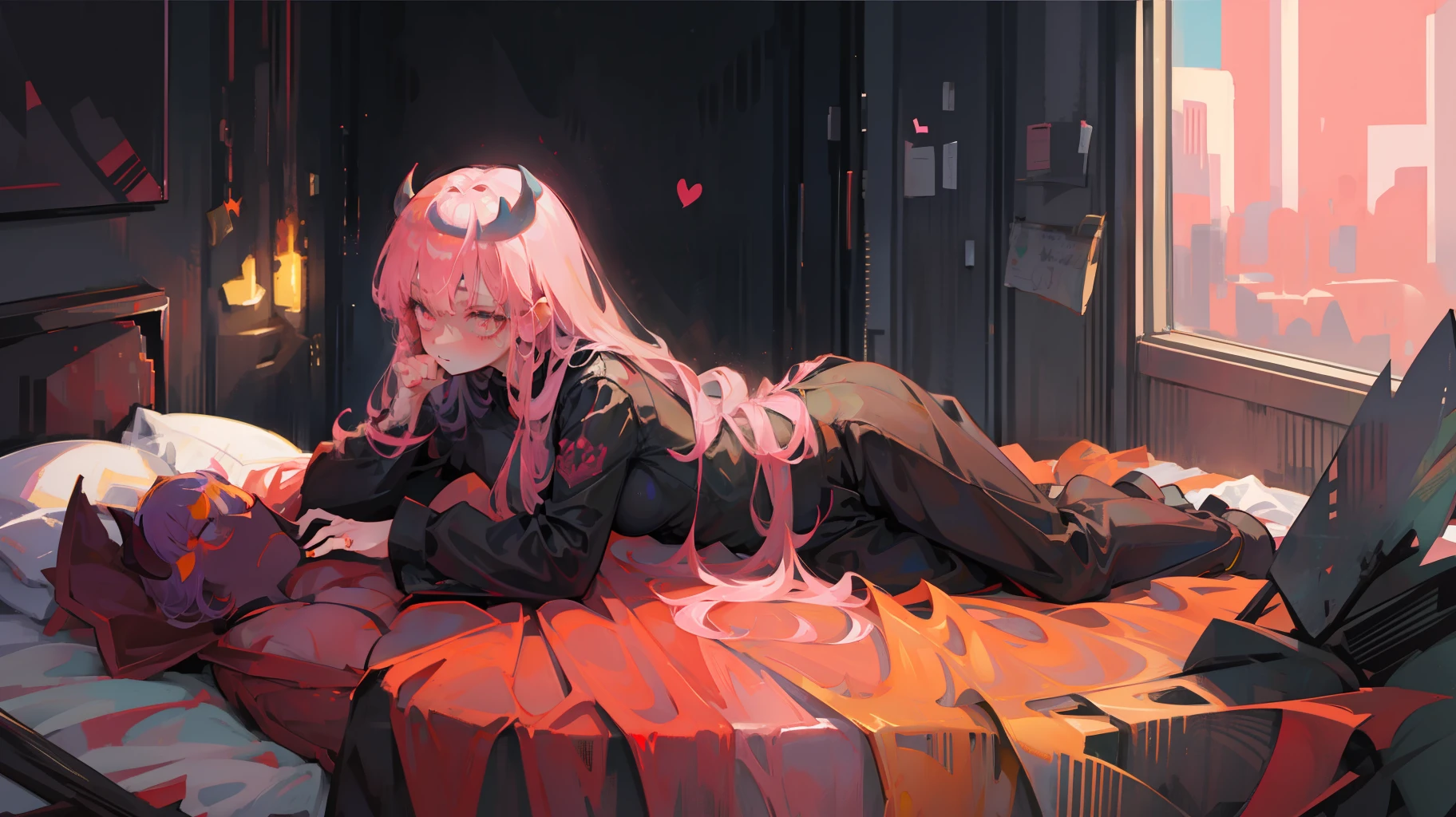 black, pink, demon girl, full body, on bed, zombie pose,