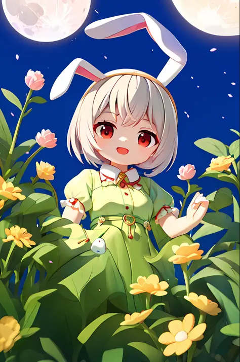 (masterpiece, best quality:1.2), illustration, absurdres, highres, extremely detailed, 1 petite girl, white short hair, rabbit e...