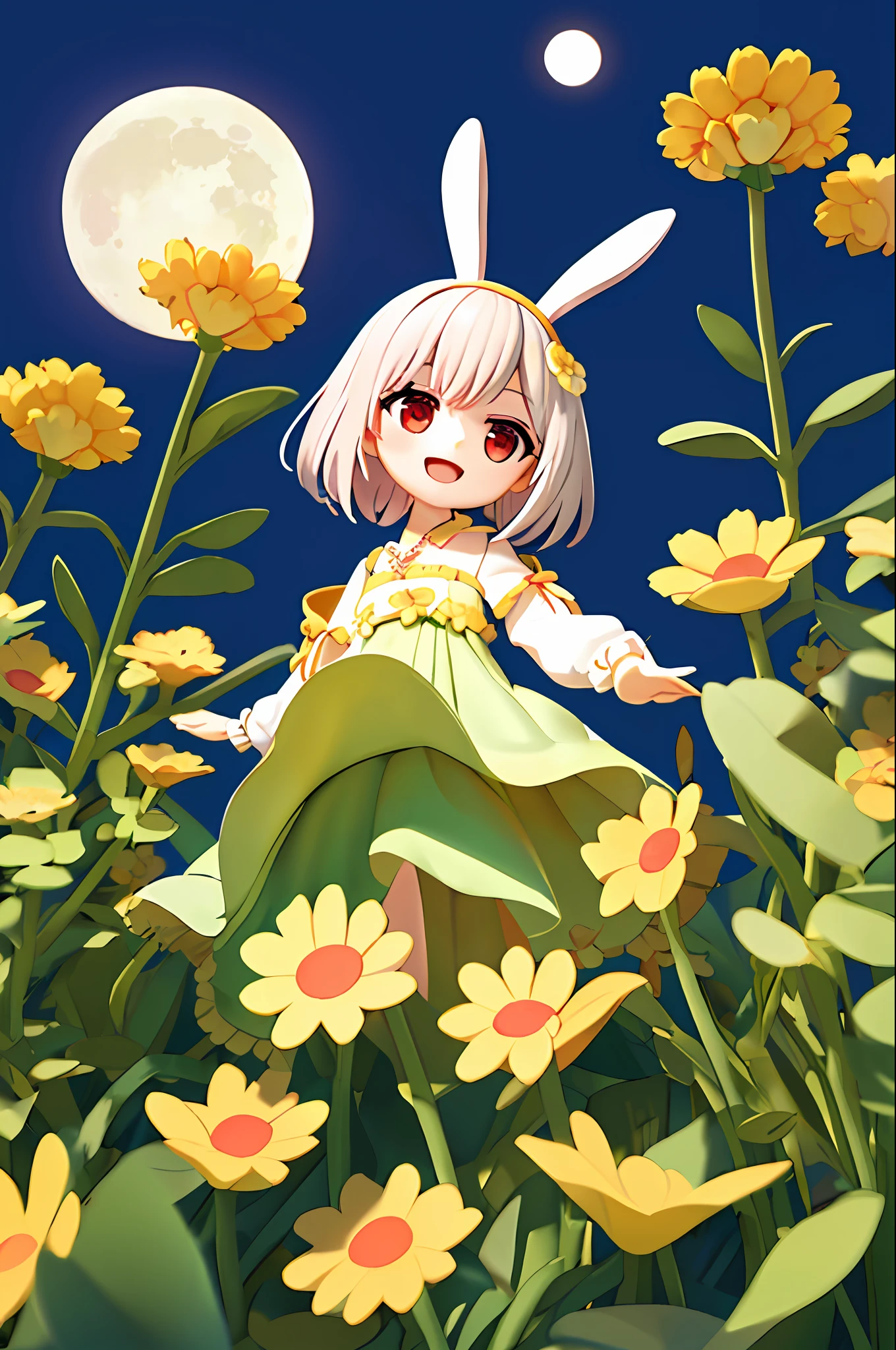 (masterpiece, best quality:1.2), illustration, absurdres, highres, extremely detailed, 1 petite girl, white short hair, rabbit ears, red eyes, eye highlights, dress, short puffy sleeves, frills, outdoors, flower, fluttering petals, upper body, (moon:1.2), night, depth of field, (:d:0.8),