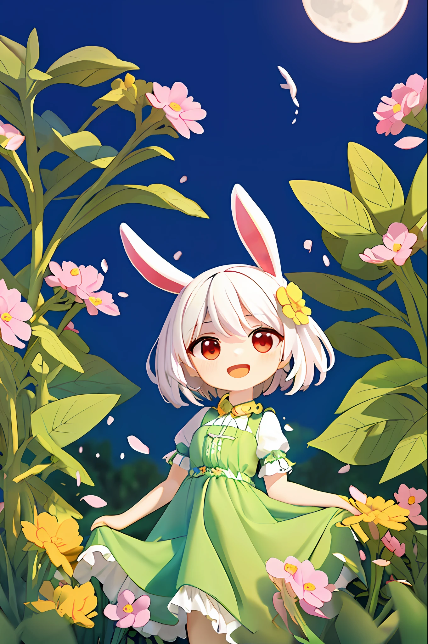 (masterpiece, best quality:1.2), illustration, absurdres, highres, extremely detailed, 1 petite girl, white short hair, rabbit ears, red eyes, eye highlights, dress, short puffy sleeves, frills, outdoors, flower, fluttering petals, upper body, (moon:1.2), night, depth of field, (:d:0.8),