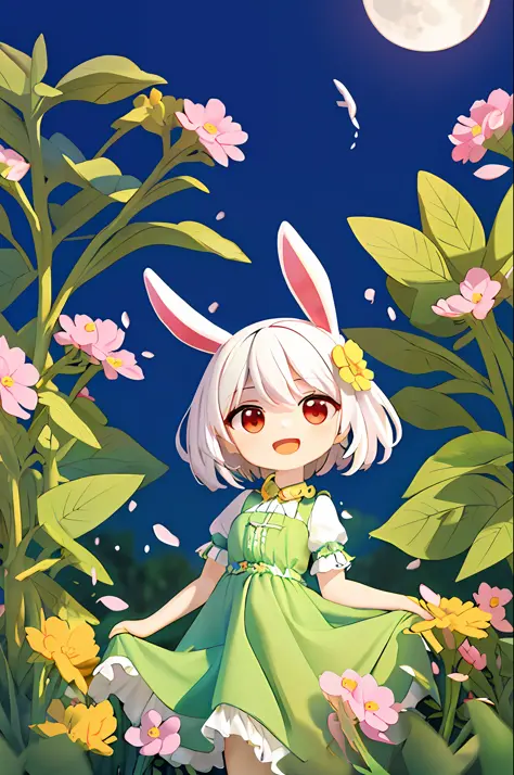 (masterpiece, best quality:1.2), illustration, absurdres, highres, extremely detailed, 1 petite girl, white short hair, rabbit e...