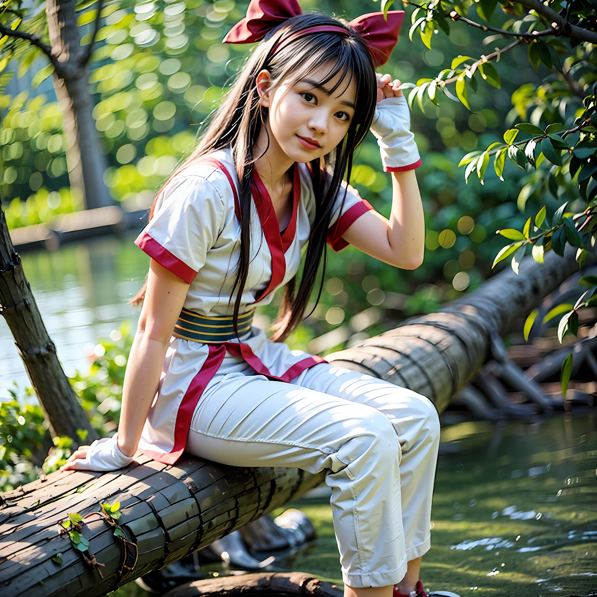 ​masterpiece, beste-Qualit,1girl in, Sitting on a log、Lake under the log、Red bow, the bow, length hair, Hair Bow, ainu clothes, 独奏, Hair Band, a bird, Black-haired, Fingerless gloves, shortsleeves, gloves, Underpants, bangss, red hairband, Brown-eyed, White pants, Komono, Nakoruru, light  smile, Official art, (Small chest exposure、bare-legged、tiptoes、sole of feet:1.5)、(Dynamic Angle)、nature backdrop, serve、Onmyoji style、high - res、Dramatic lighting and shadows、Solar flares、Blurred foreground、(Film Lighting)、Soft lighting、cinematlic lighting、Dynamic angles