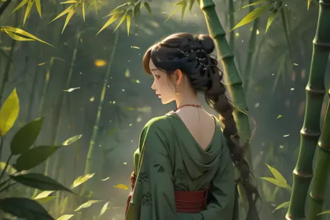 The bamboo branches swayed wildly，Pieces of bamboo leaves soared into the air，The girl in the green dress walked into the distan...