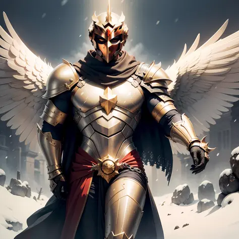 ((Isaac's cloak+Gold and silver armor+Male archangel+Killing Angel+Messenger of Justice)+(The big mask does not show its face+Large snow-white wings+Great picture))&(High-quality illustrations+Extremely detailed+The details are unbeatable+The feeling of he...