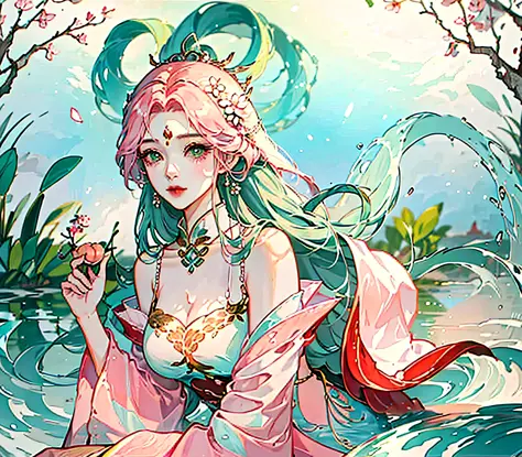 Still water flows deeply，Cangsheng Tread Pink Green Gradient Flowing Hair Girl Red and Lake Blue Gradient Hair Wind Chimes Thick...